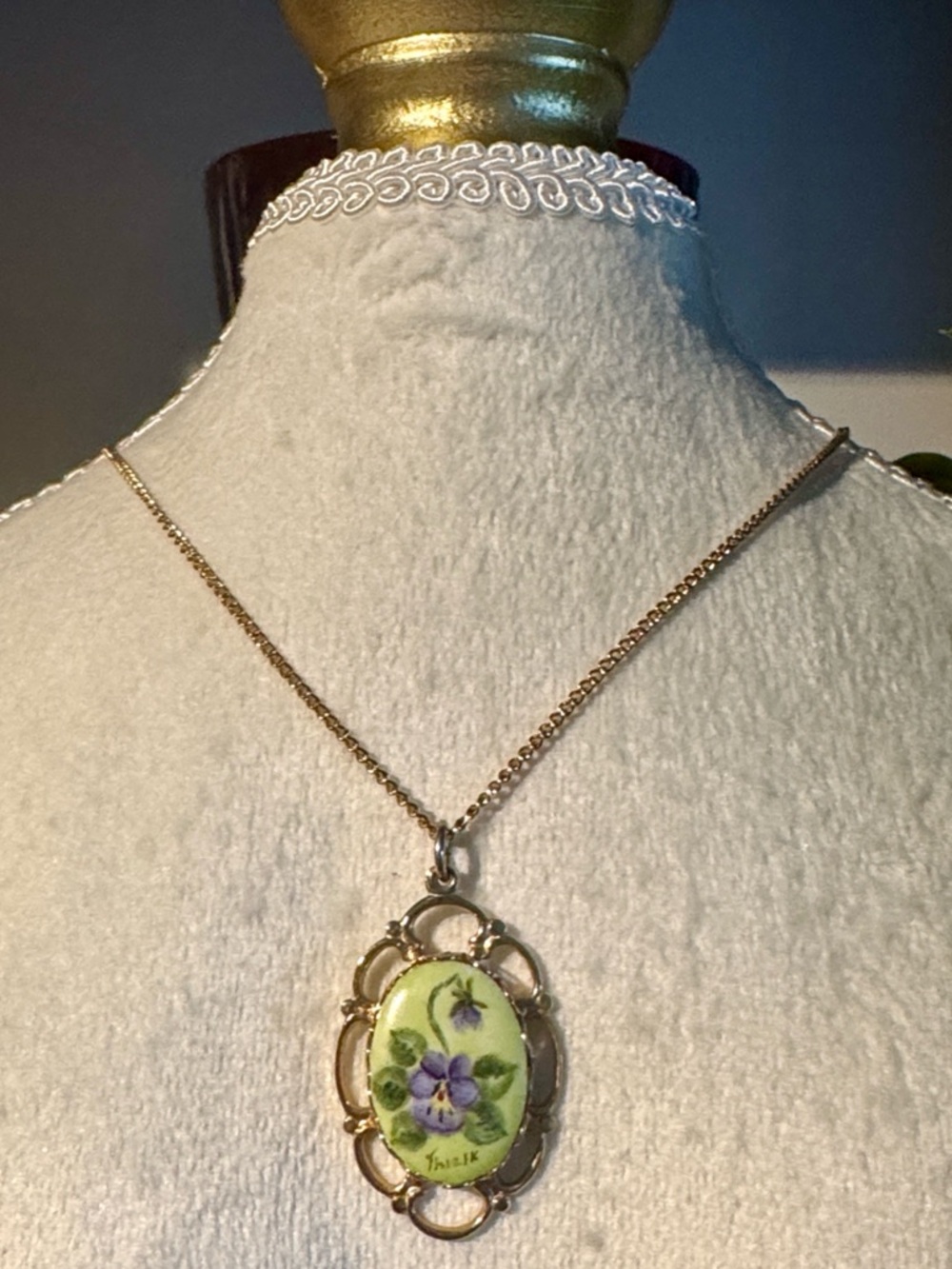 Vintage Floral Porcelain Pendant Necklace in Green and Purple